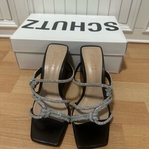 SCHUTZ Black and Silver Strappy Heels